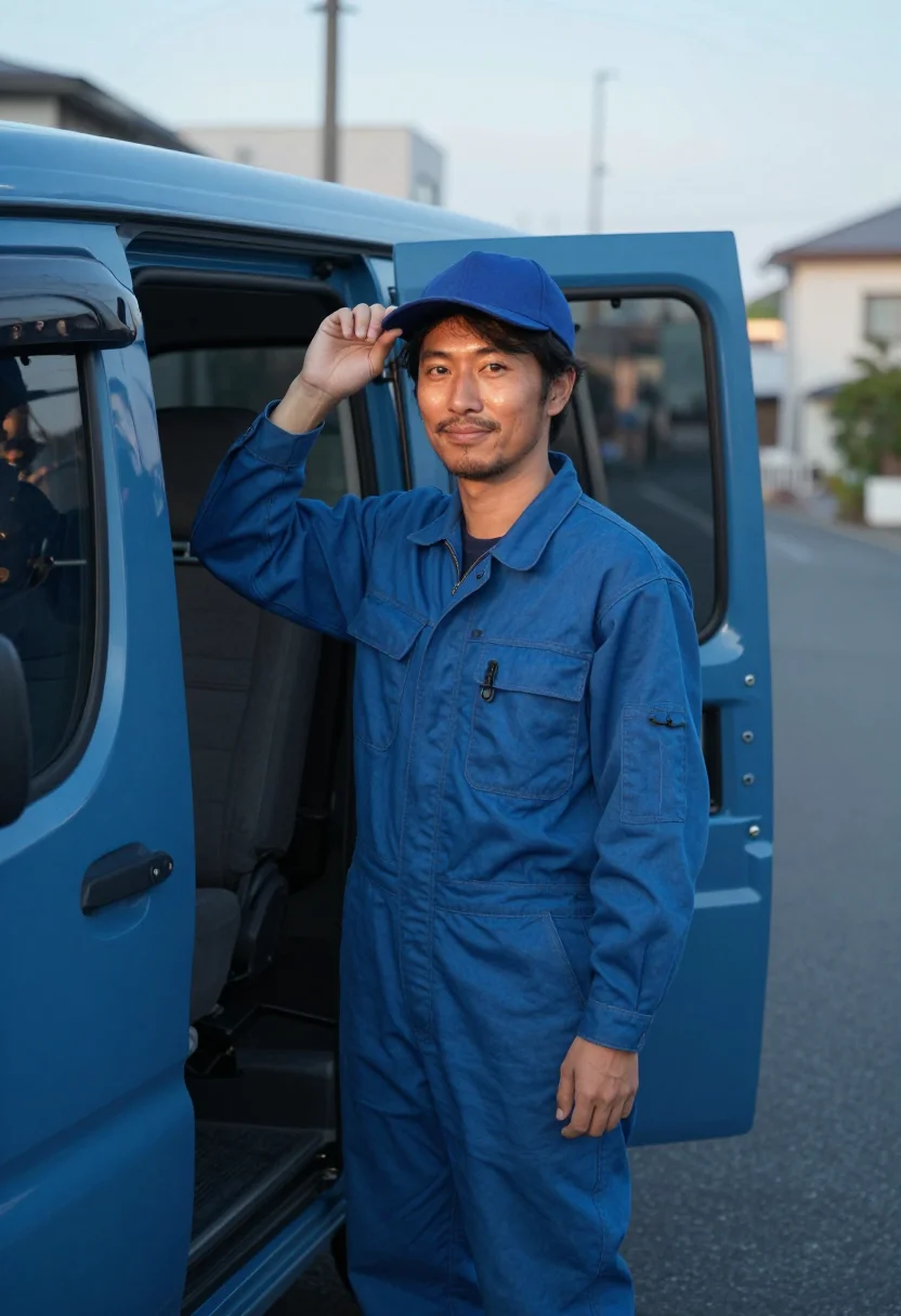 AI perfect days tokyo blue overalls sample — portrait of a man, a man in his forties of Japanese descent,