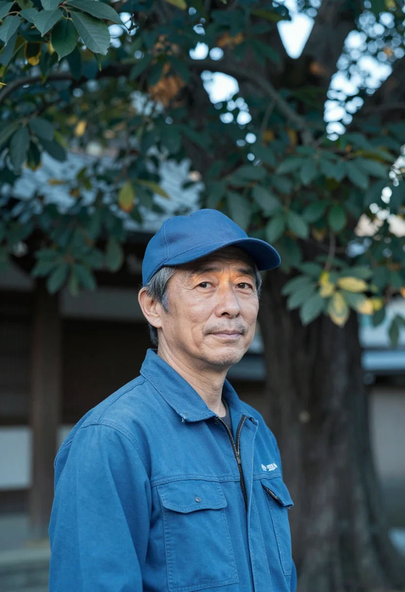 AI perfect days tokyo blue overalls sample — portrait of a man, a man in his late fifties of Japanese des