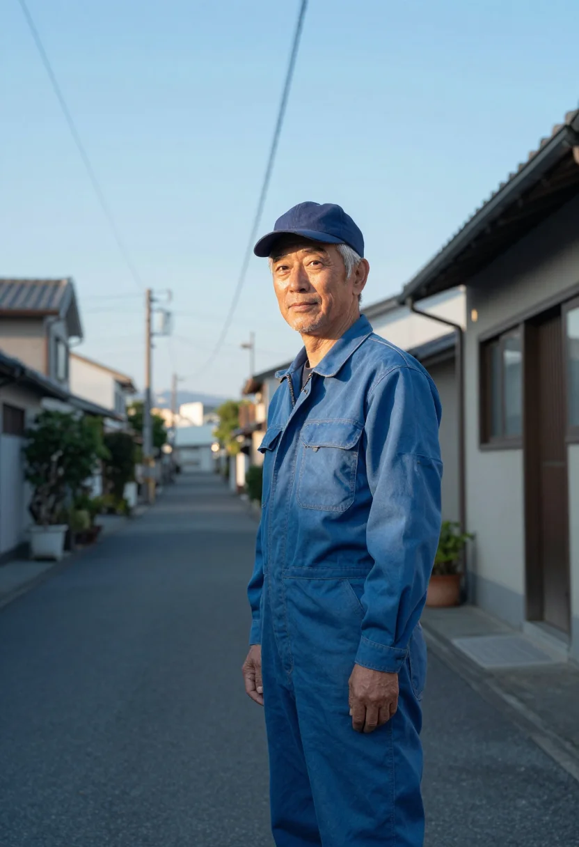 AI perfect days tokyo blue overalls sample — portrait of a man, a man in his sixties of Japanese descent,