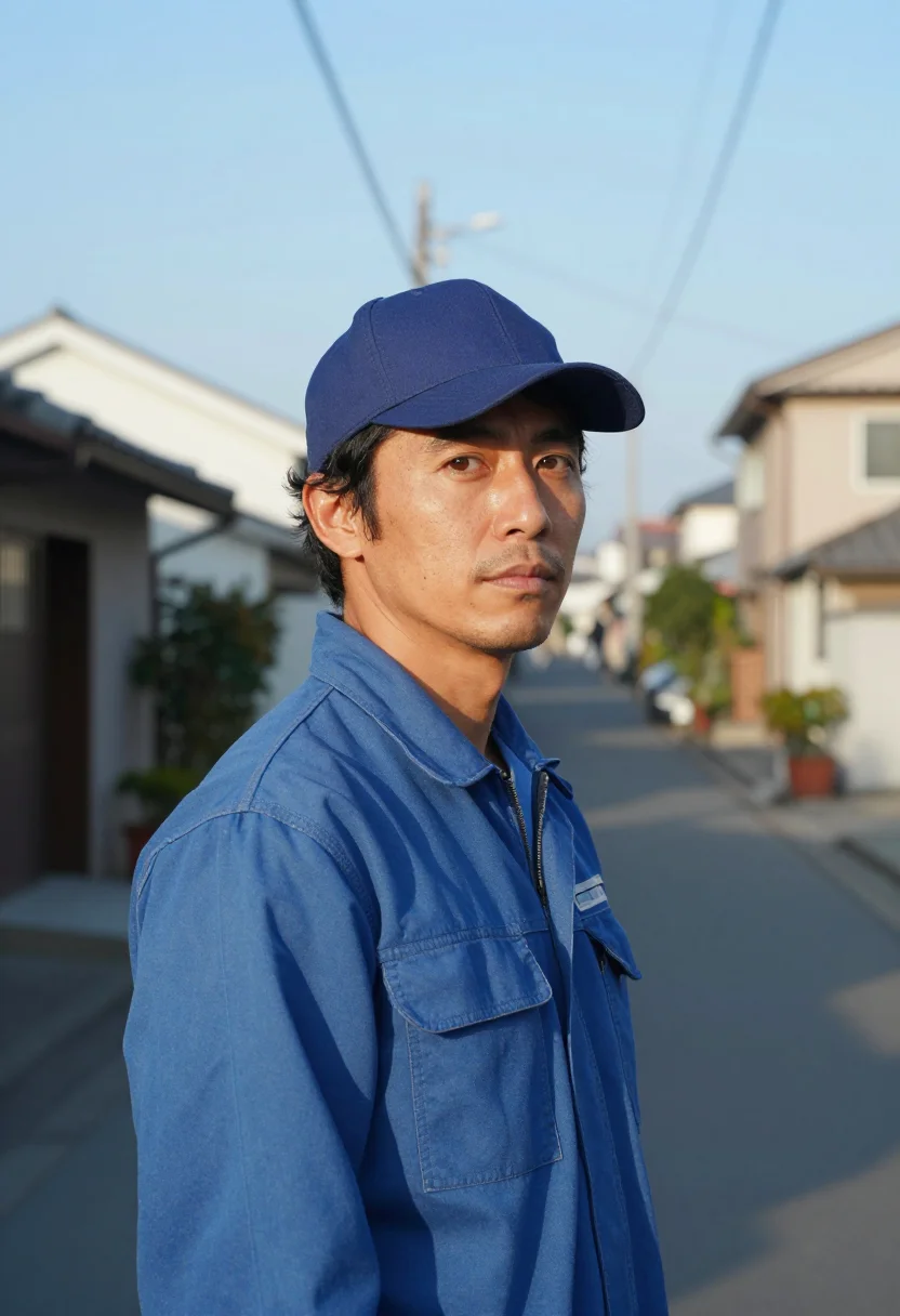 AI perfect days tokyo blue overalls sample — portrait of a man, a man in his late thirties of Japanese-Br