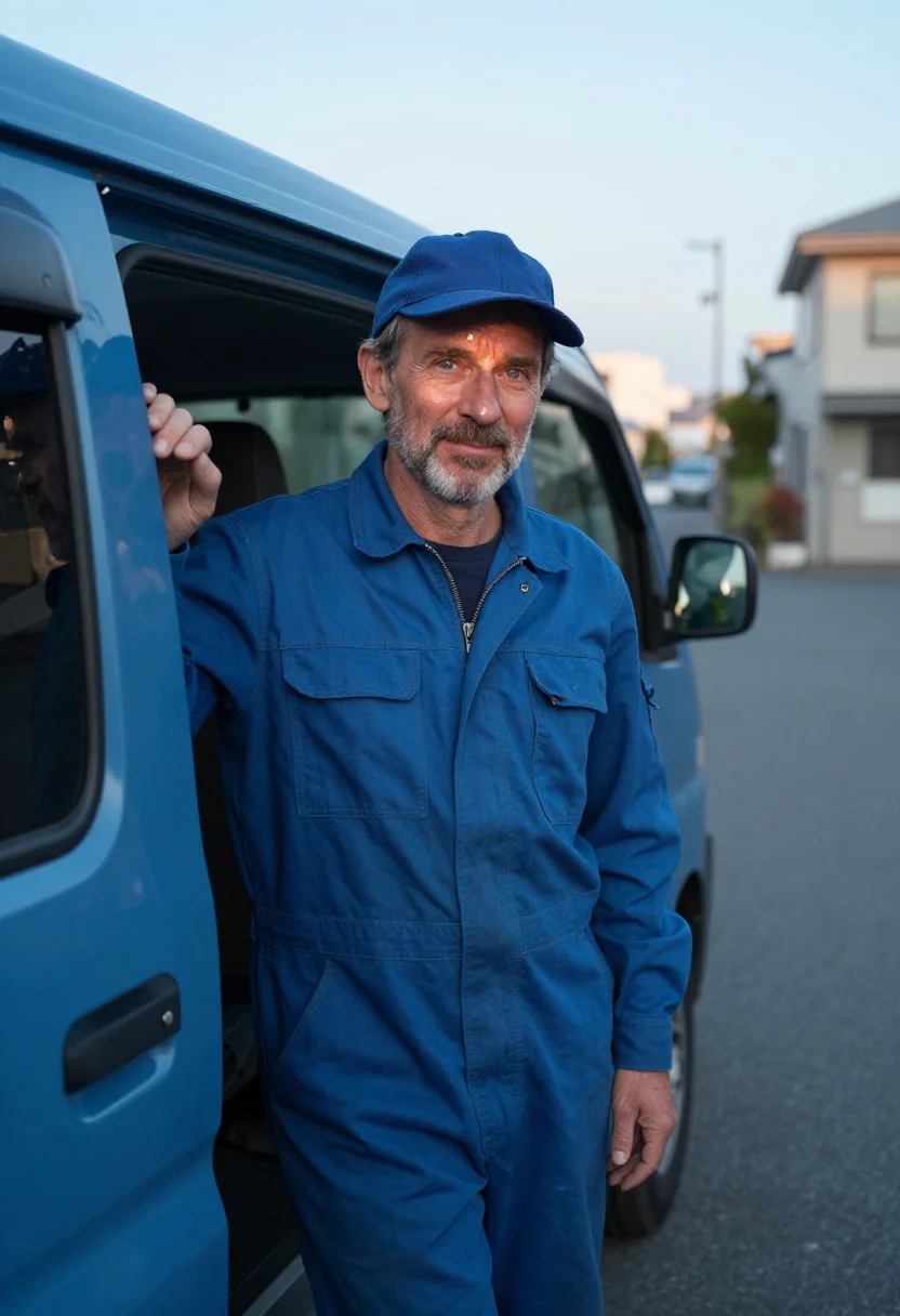 AI perfect days tokyo blue overalls sample — portrait of a man, a man in his fifties of French descent, w