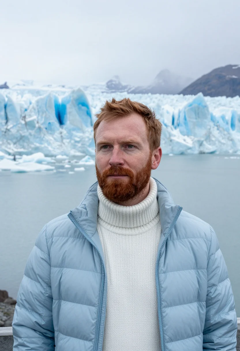 AI perito moreno glaciologist ice blue sample — portrait of a man, an Argentine glaciologist of Welsh descen