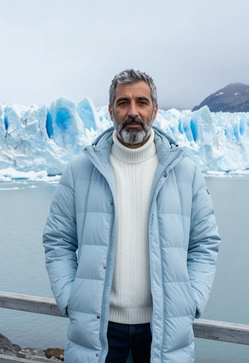 AI perito moreno glaciologist ice blue sample — portrait of a man, an Argentine glaciologist of Italian desc