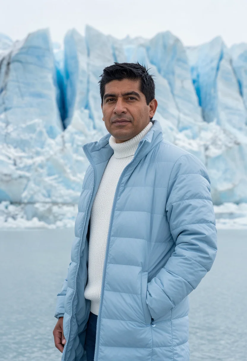 AI perito moreno glaciologist ice blue sample — portrait of a man, a Chilean mestizo glaciologist in his lat