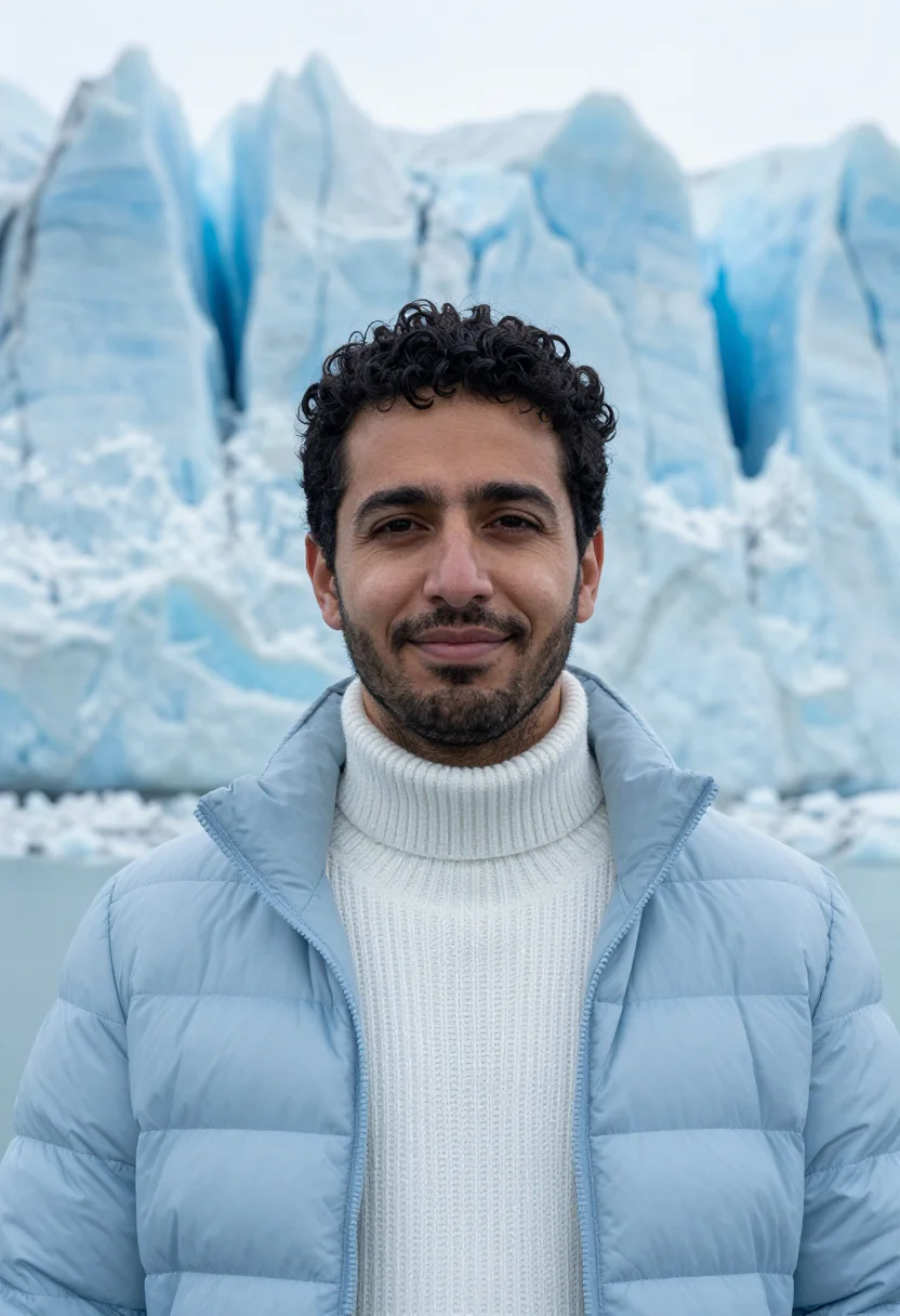 AI perito moreno glaciologist ice blue sample — portrait of a man, an Argentine glaciologist of Italian desc