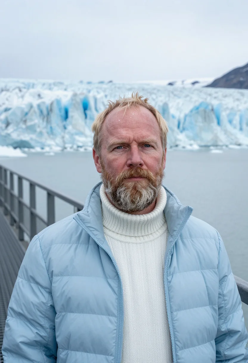 AI perito moreno glaciologist ice blue sample — portrait of a man, a Nordic glaciologist in his fifties with