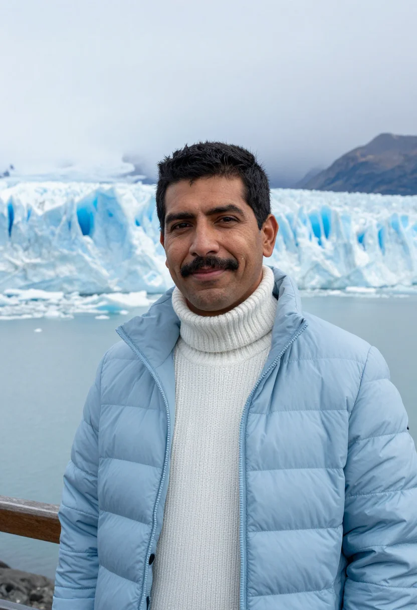 AI perito moreno glaciologist ice blue sample — portrait of a man, a mestizo Argentine glaciologist in his e
