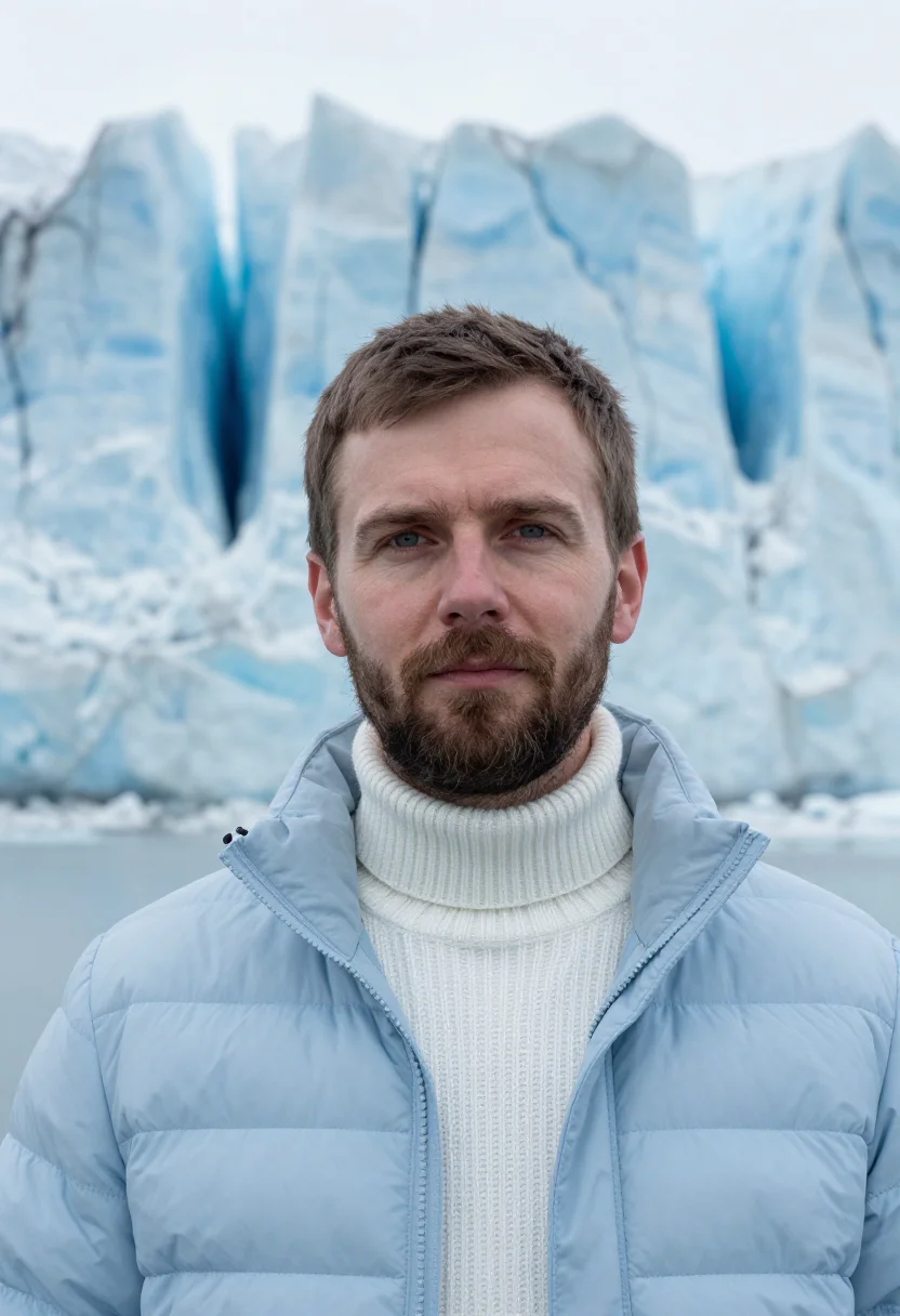 AI perito moreno glaciologist ice blue sample — portrait of a man, a Western-European glaciologist in his ea
