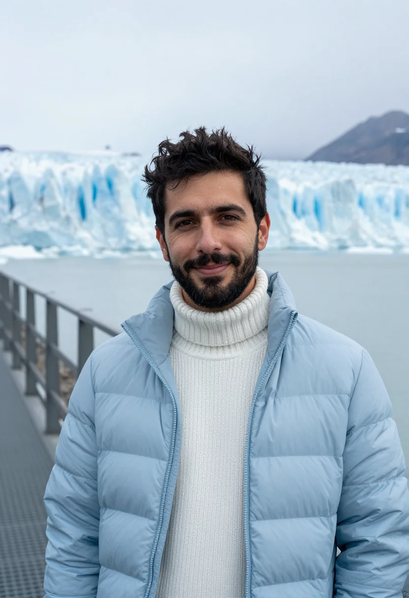 AI perito moreno glaciologist ice blue sample — portrait of a man, an Argentine glaciologist of Spanish desc