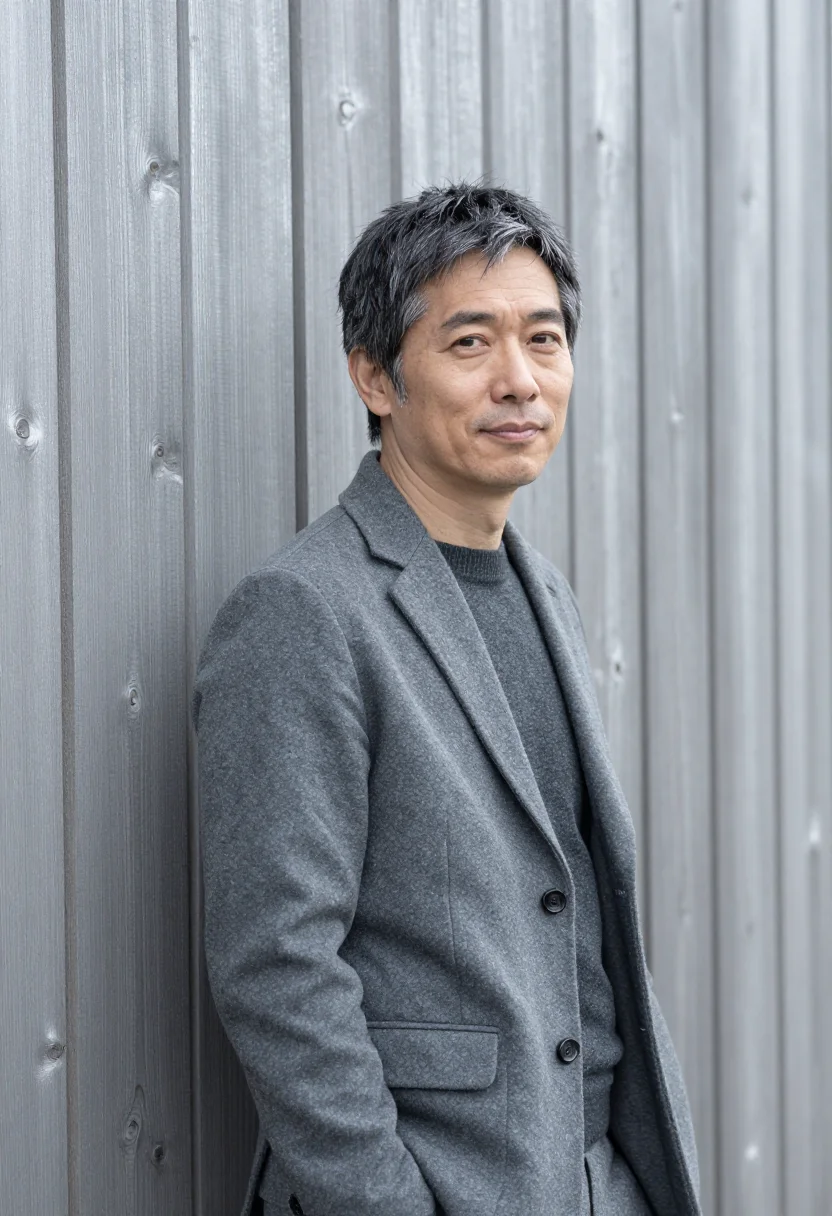 AI peter zumthor haldenstein may larch concrete sample — portrait of a man, a Japanese architect in his mid-fifties w