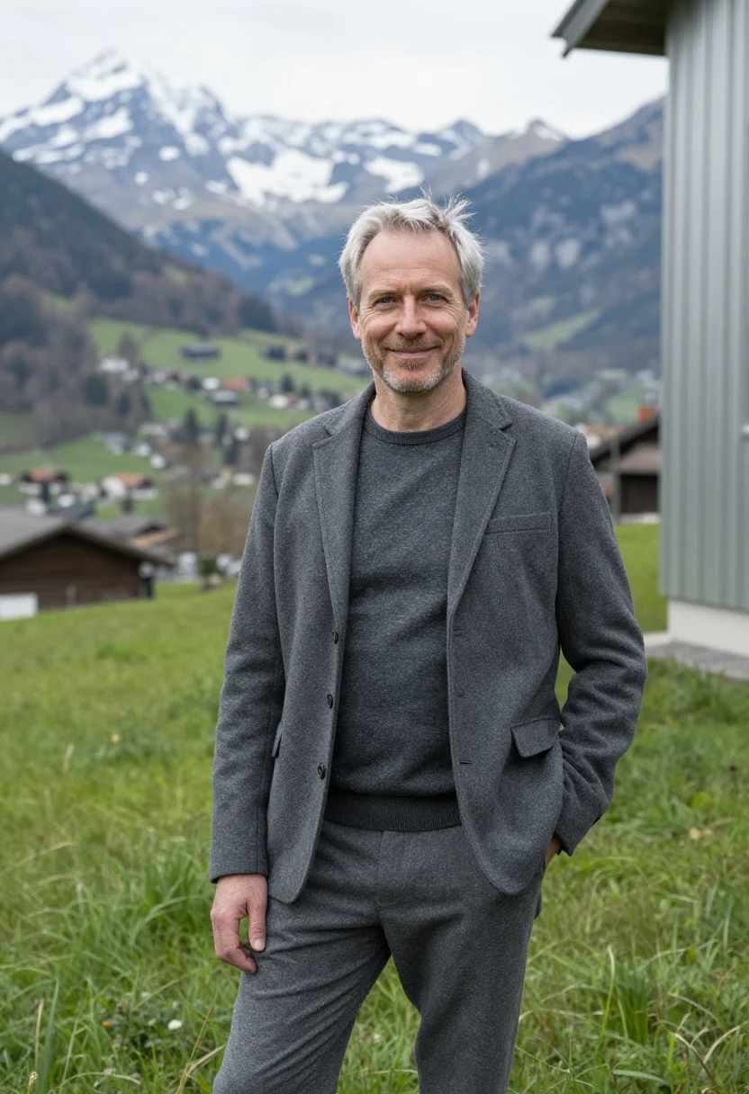 AI peter zumthor haldenstein may larch concrete sample — portrait of a man, a Danish architect in his late fifties wi