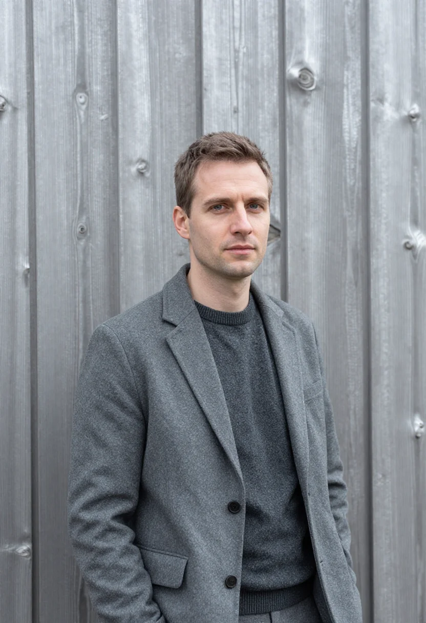 AI peter zumthor haldenstein may larch concrete sample — portrait of a man, an Austrian architect in his early fortie