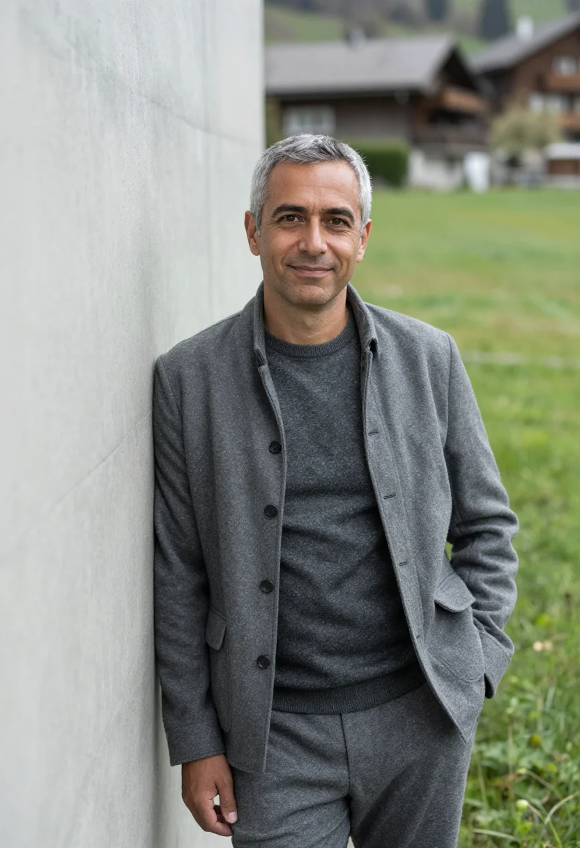 AI peter zumthor haldenstein may larch concrete sample — portrait of a man, a Swiss-Italian architect in his early fi