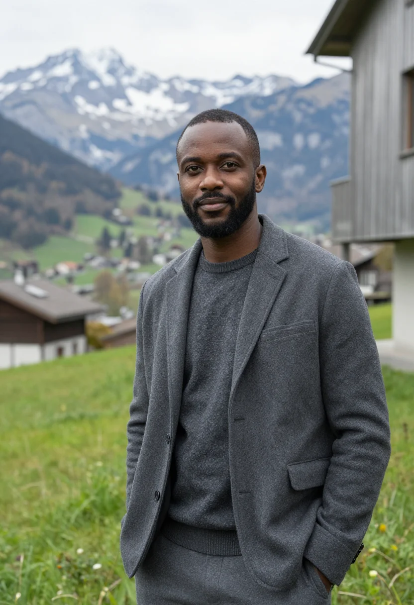 AI peter zumthor haldenstein may larch concrete sample — portrait of a man, a Ghanaian-Swiss architect in his early f