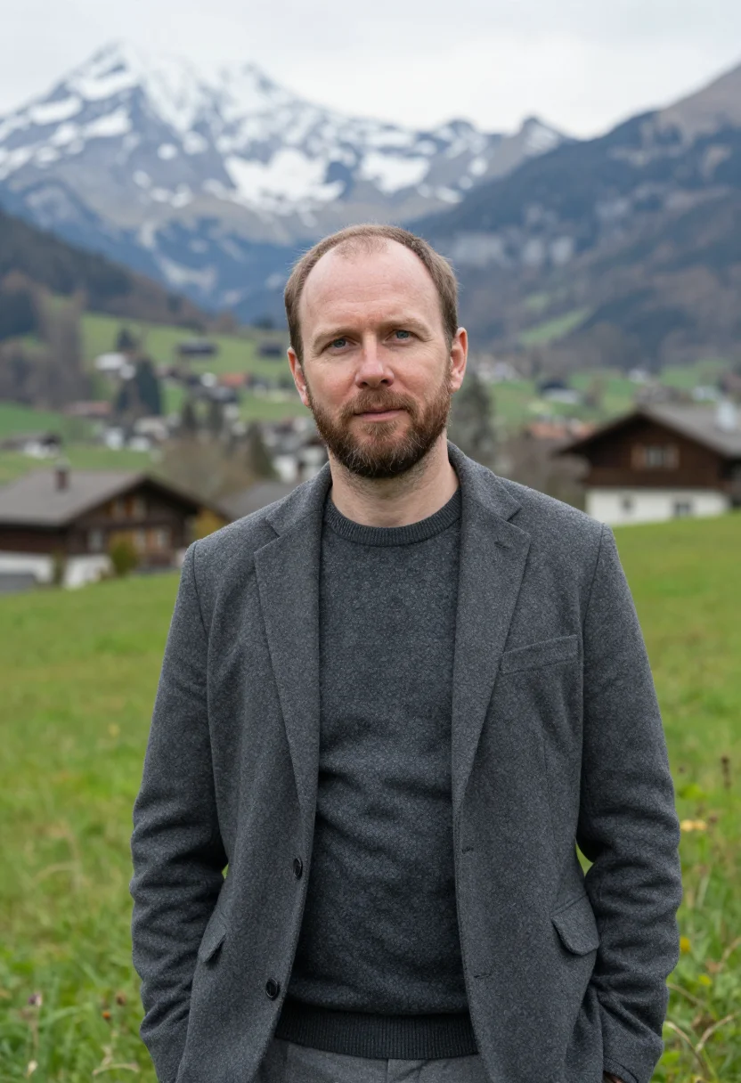AI peter zumthor haldenstein may larch concrete sample — portrait of a man, a Romansh architect in his late forties w