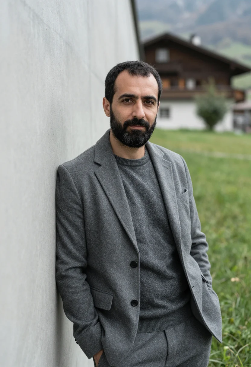 AI peter zumthor haldenstein may larch concrete sample — portrait of a man, a Turkish-Swiss architect in his mid-fort