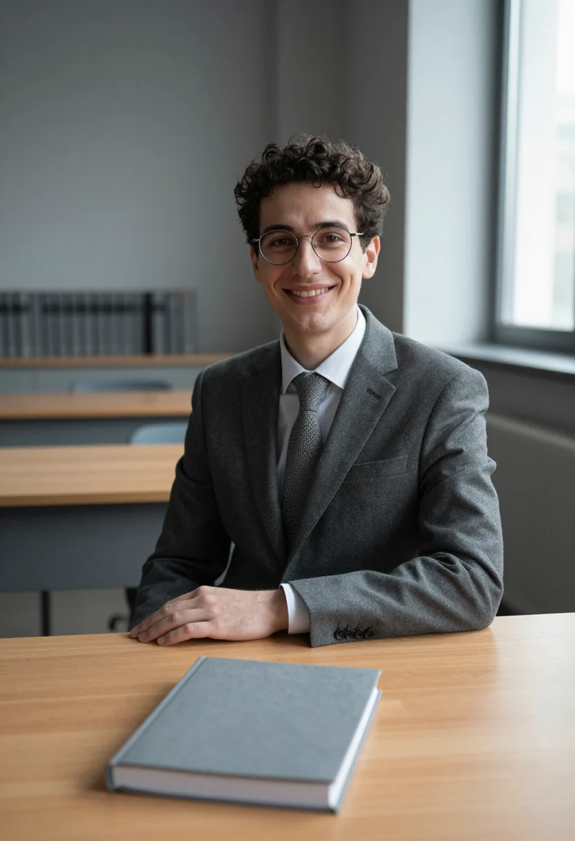 AI phd viva november grey sample — portrait of a man, framed chest-up, the crop falling at mid-