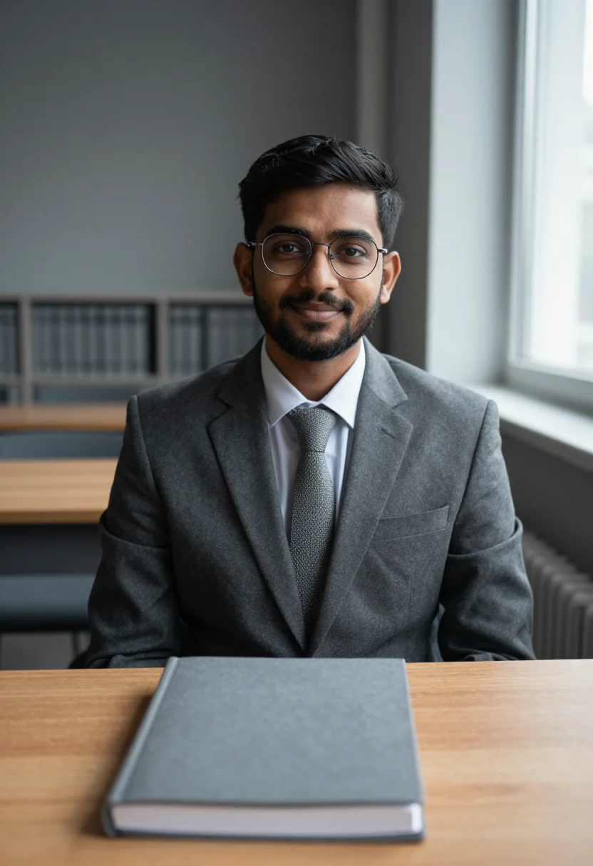 AI phd viva november grey sample — portrait of a man, framed tight, head and shoulders, the bod