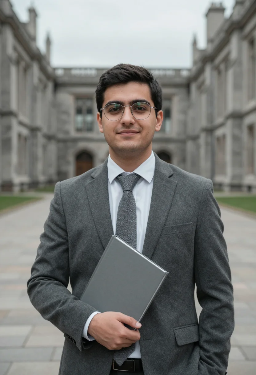 AI phd viva november grey sample — portrait of a man, framed chest-up, the crop falling at mid-
