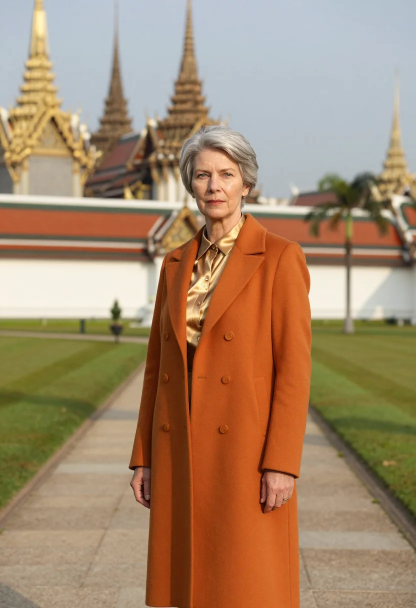 AI phnom penh palace conservator gold saffron sample — portrait of a woman, half-length portrait of a British woman