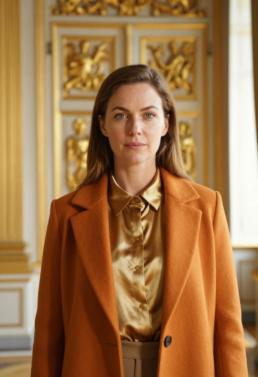 AI phnom penh palace conservator gold saffron sample — portrait of a woman, chest-up portrait of a Western-European