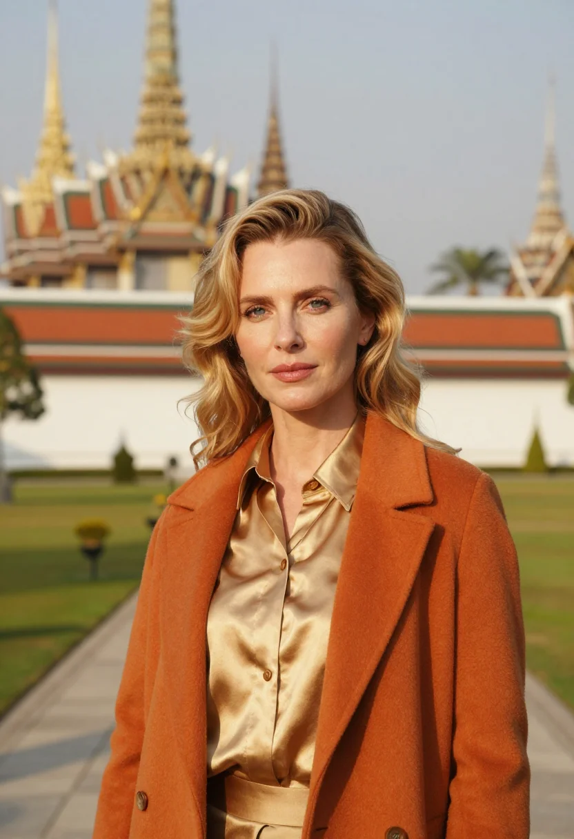 AI phnom penh palace conservator gold saffron sample — portrait of a woman, head-and-shoulders portrait of a Wester