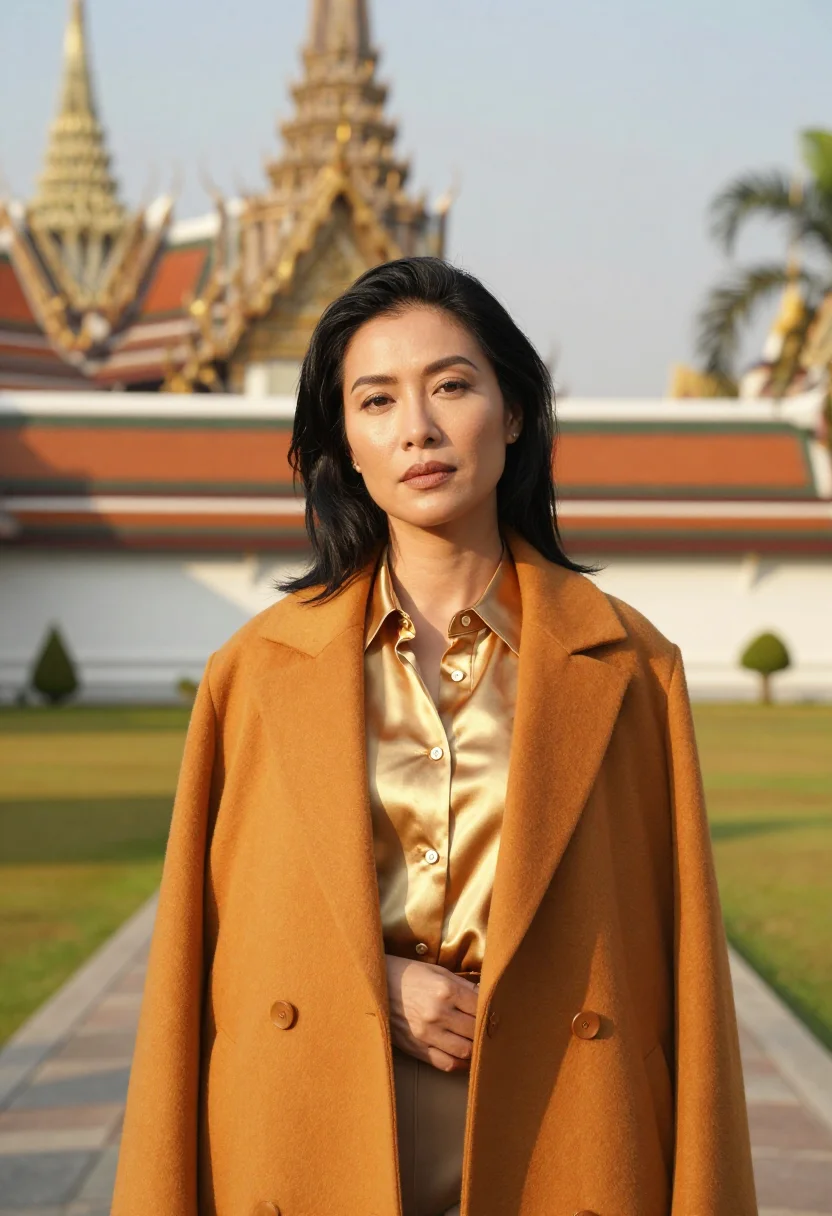 AI phnom penh palace conservator gold saffron sample — portrait of a woman, chest-up portrait of a Thai woman in he
