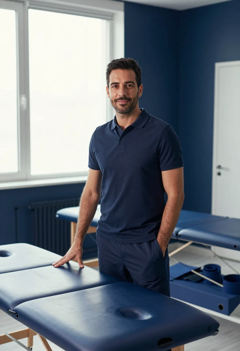 AI physio navy polo sample — portrait of a man, framed chest-up, the camera at eye level
