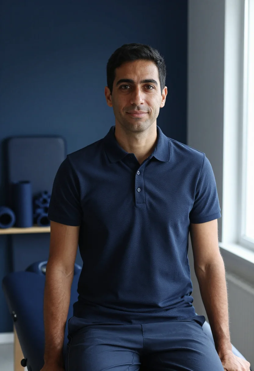 AI physio navy polo sample — portrait of a man, framed tight, head and shoulders, the bod