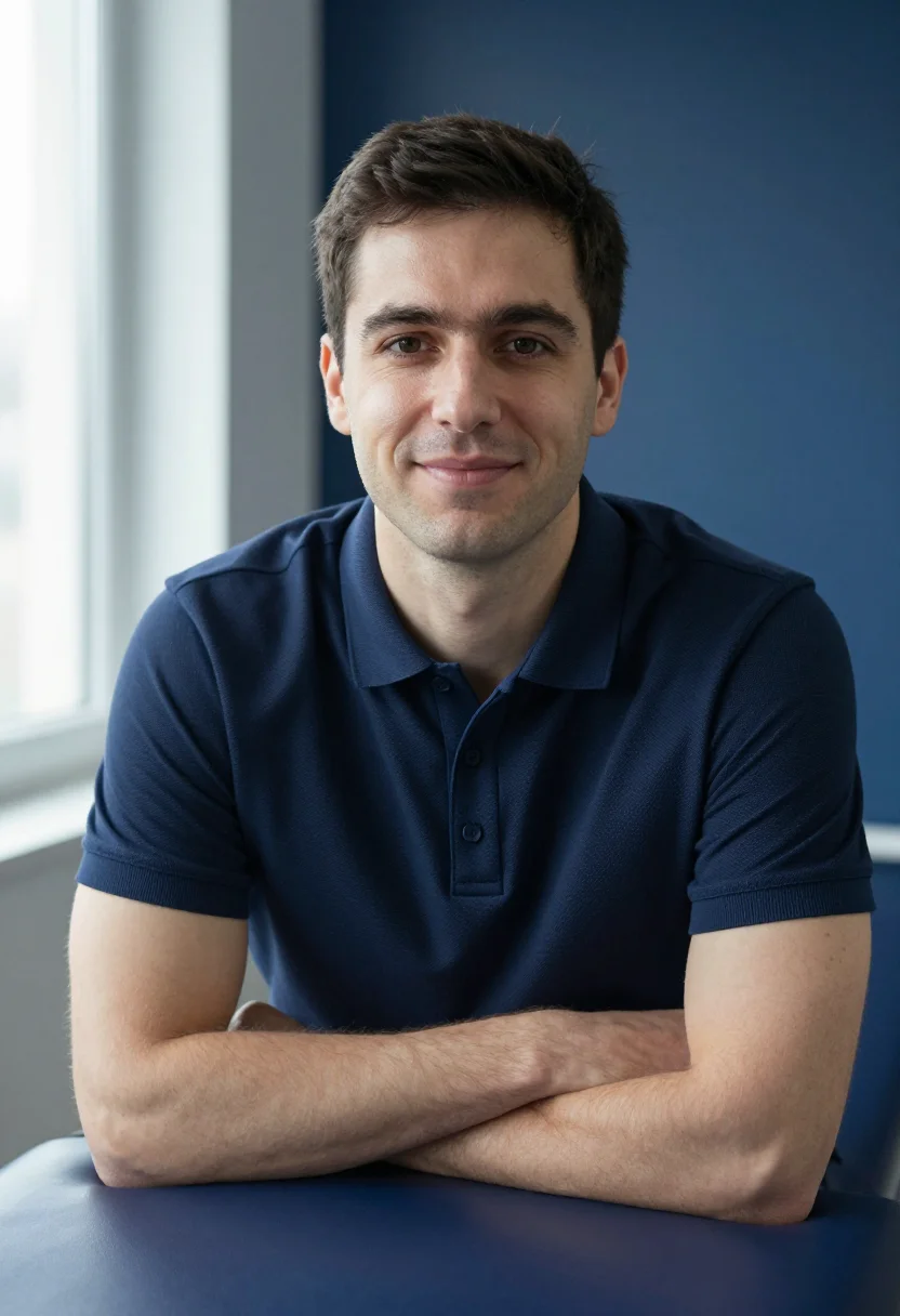AI physio navy polo sample — portrait of a man, framed tight, head and shoulders, the bod