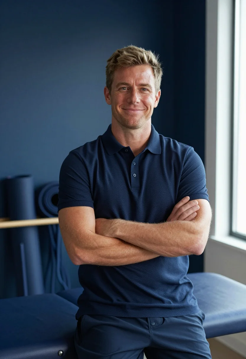 AI physio navy polo sample — portrait of a man, framed chest-up, the camera at eye level