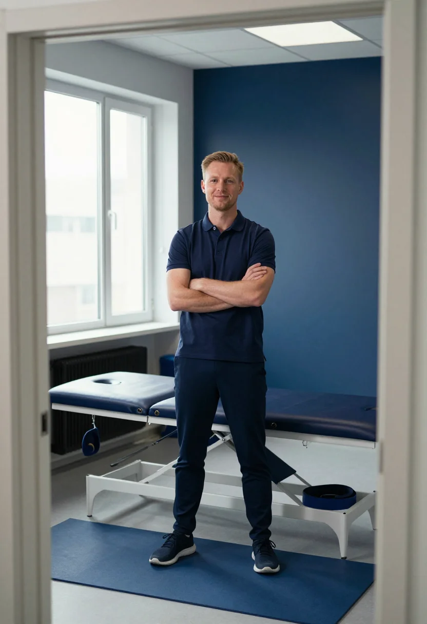 AI physio navy polo sample — portrait of a man, framed wide from the clinic's doorway, th