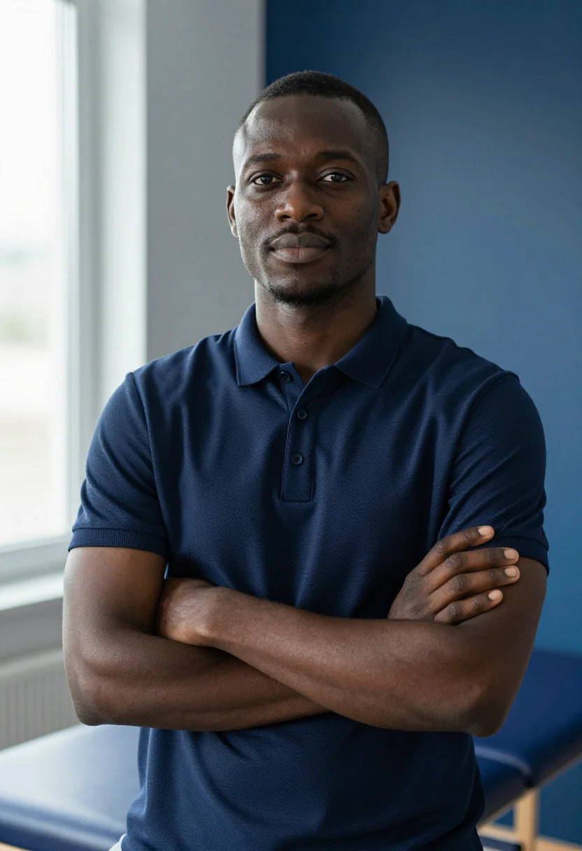AI physio navy polo sample — portrait of a man, framed chest-up, the camera at eye level