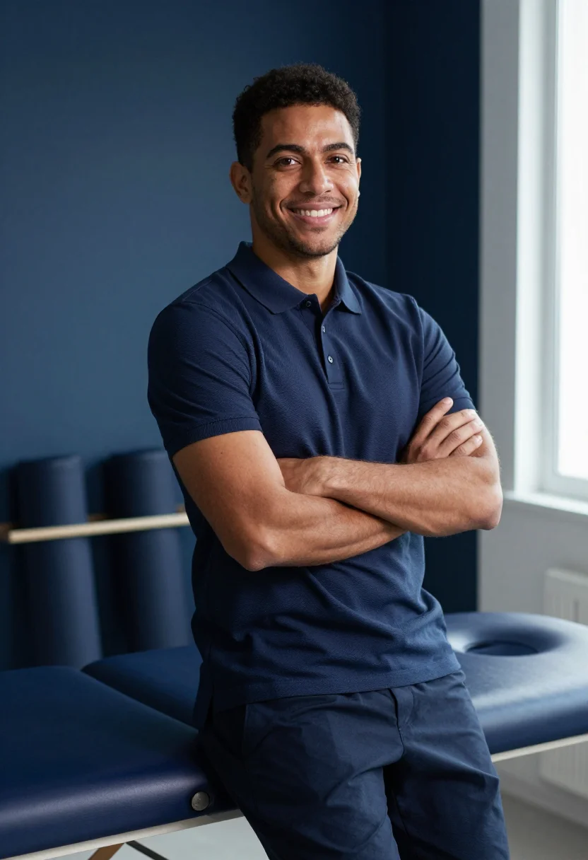 AI physio navy polo sample — portrait of a man, framed half-length from the head to the w