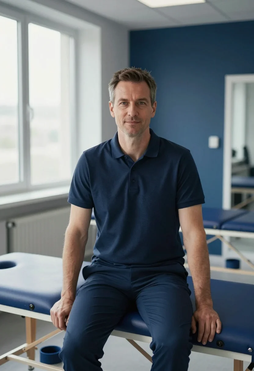 AI physio navy polo sample — portrait of a man, framed tight, head and shoulders, the bod
