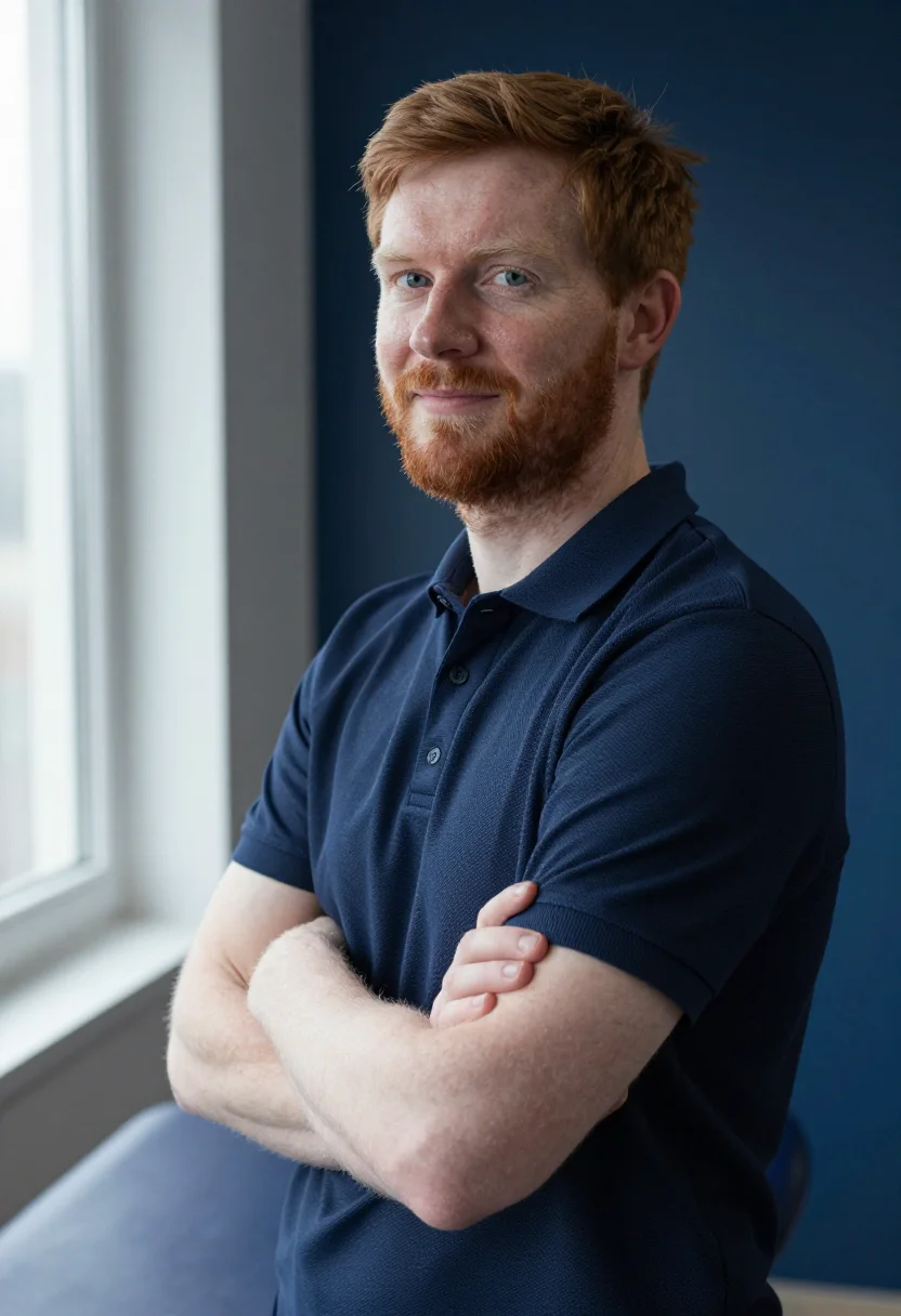 AI physio navy polo sample — portrait of a man, framed tight, head and shoulders in a thr