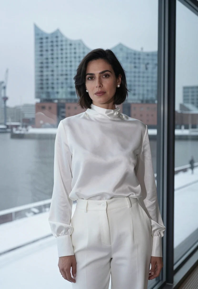 AI pianist elbphilharmonie white sample — portrait of a woman, chest-up portrait of a pianist, a Frenc