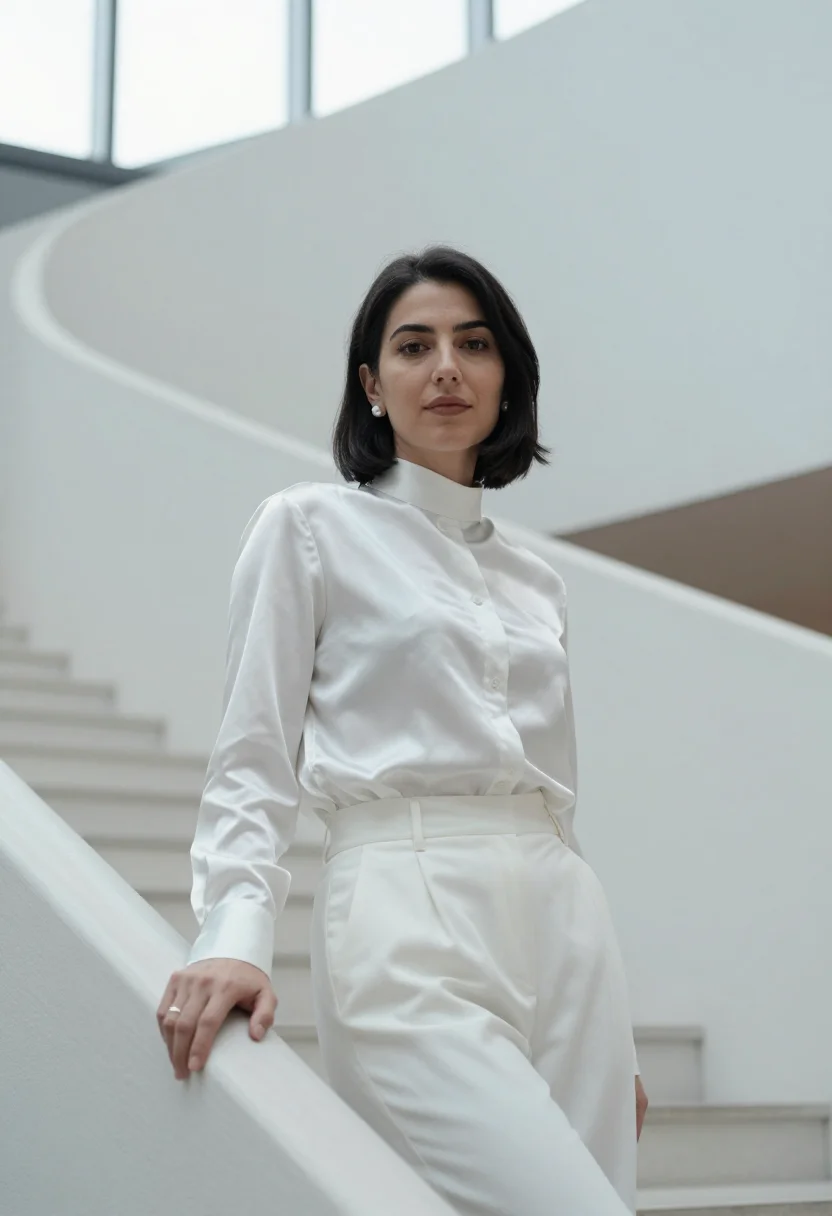 AI pianist elbphilharmonie white sample — portrait of a woman, chest-up portrait of a pianist, a Weste
