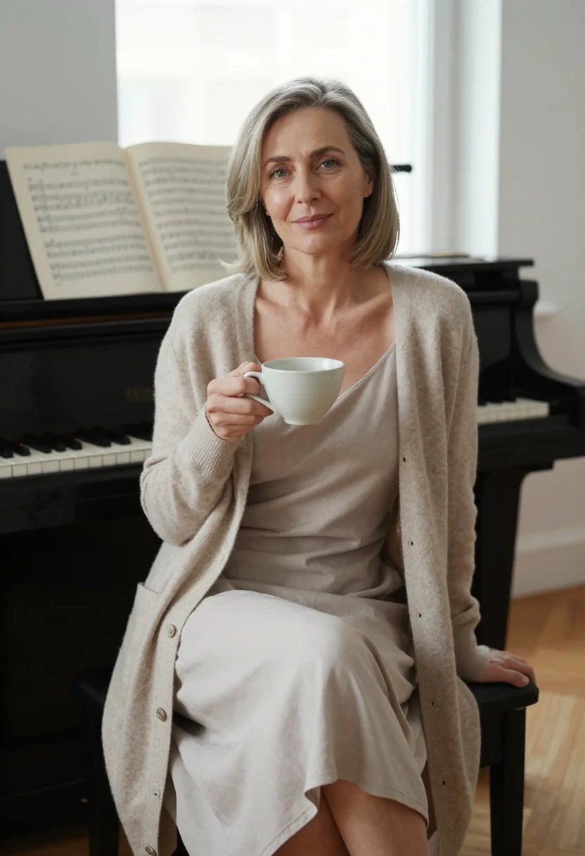 AI piano room sample — portrait of a woman, half-length three-quarter portrait from