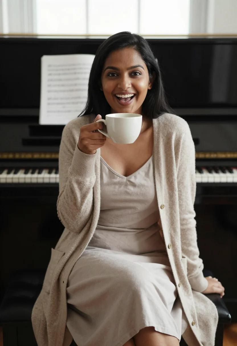 AI piano room sample — portrait of a woman, tight chest-up portrait from straight i