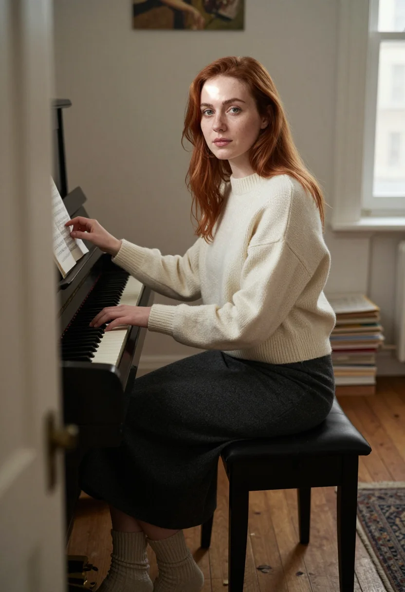 AI piano room sample — portrait of a woman, tight chest-up portrait from just past