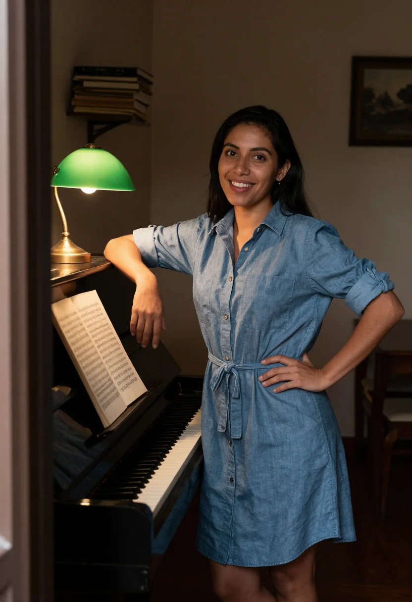 AI piano room sample — portrait of a woman, three-quarter-length portrait from the