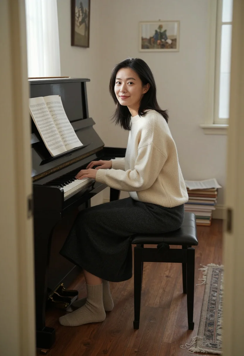 AI piano room sample — portrait of a woman, wide full-length view from the far side