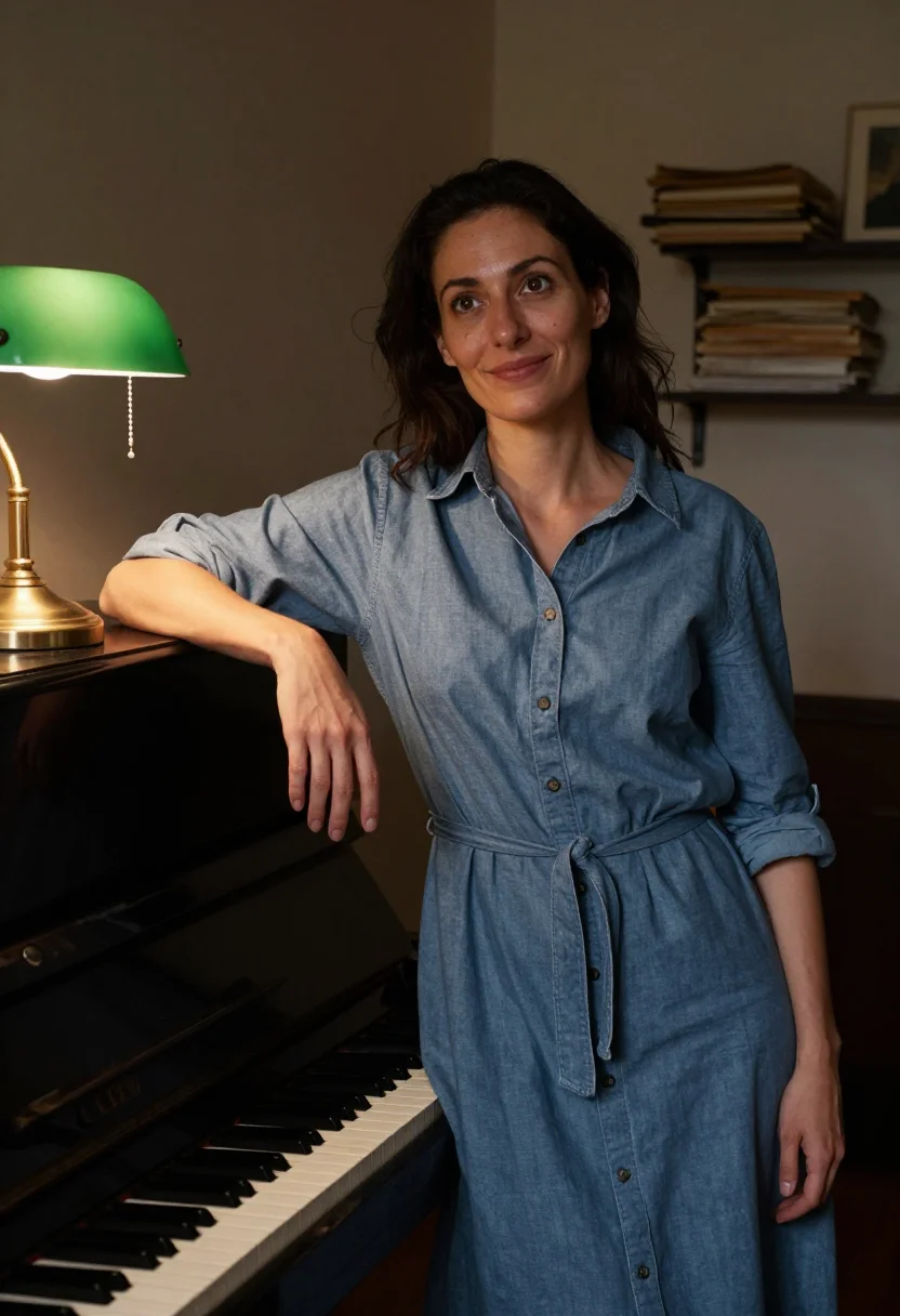 AI piano room sample — portrait of a woman, half-length portrait from camera-right
