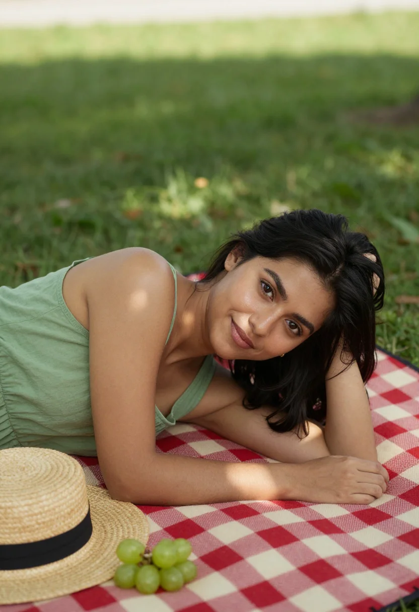 AI picnic blanket sample — portrait of a woman, close three-quarter portrait of a woman