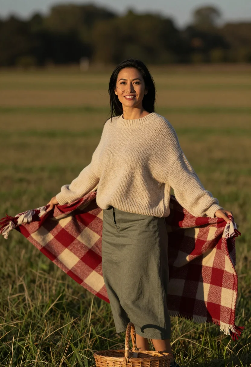 AI picnic blanket sample — portrait of a woman, three-quarter-length portrait of a woma