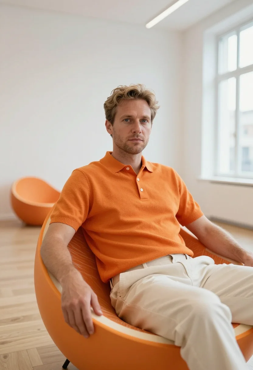 AI pierre paulin paris orange slice april sample — portrait of a man, framed chest-up, cropped at the ribs, the