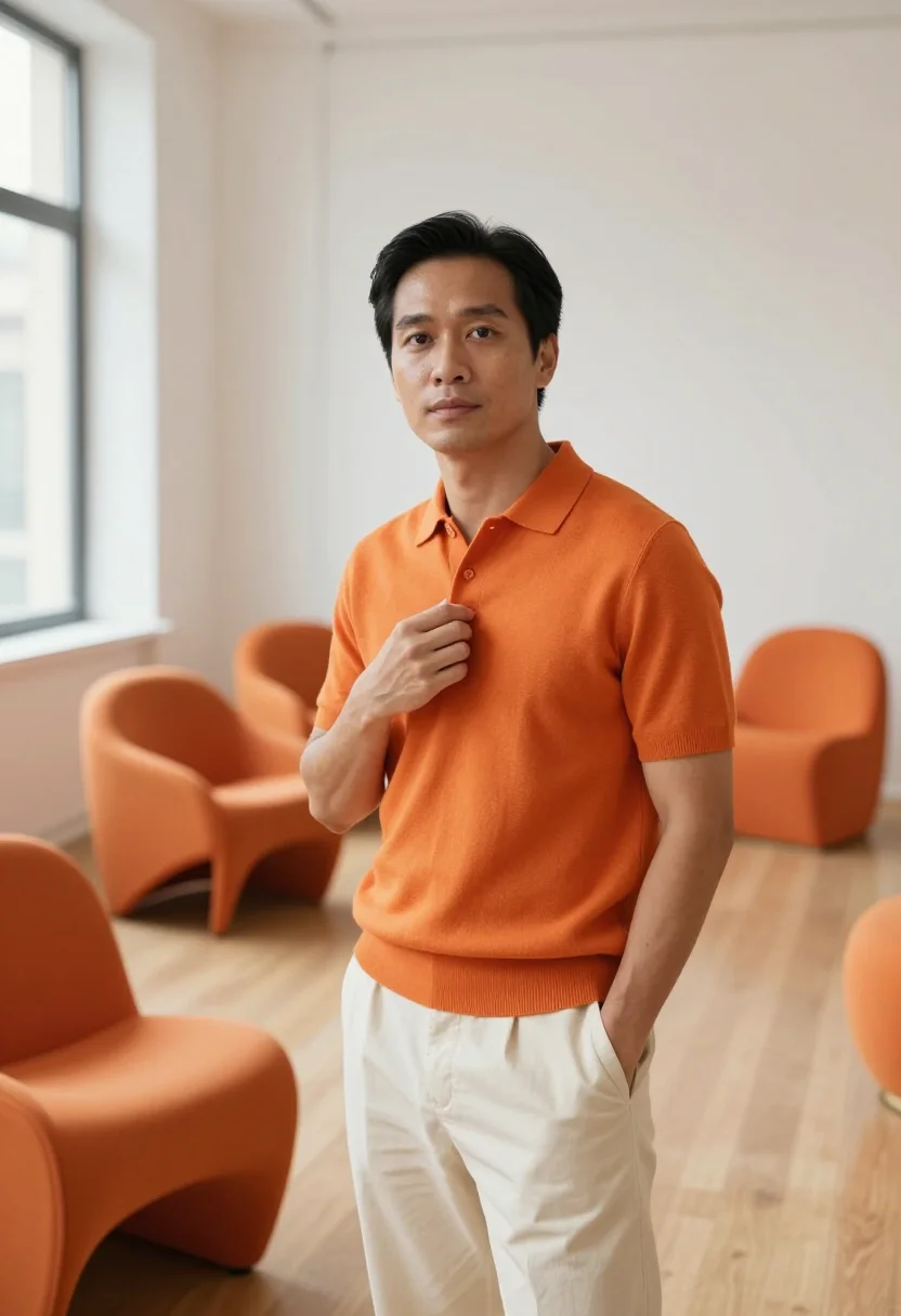 AI pierre paulin paris orange slice april sample — portrait of a man, framed chest-up, cropped at the ribs, the