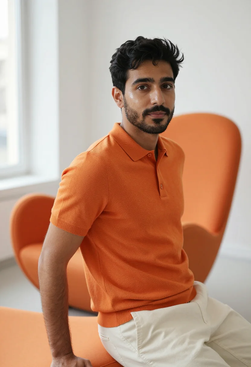 AI pierre paulin paris orange slice april sample — portrait of a man, framed chest-up, cropped at the ribs, the
