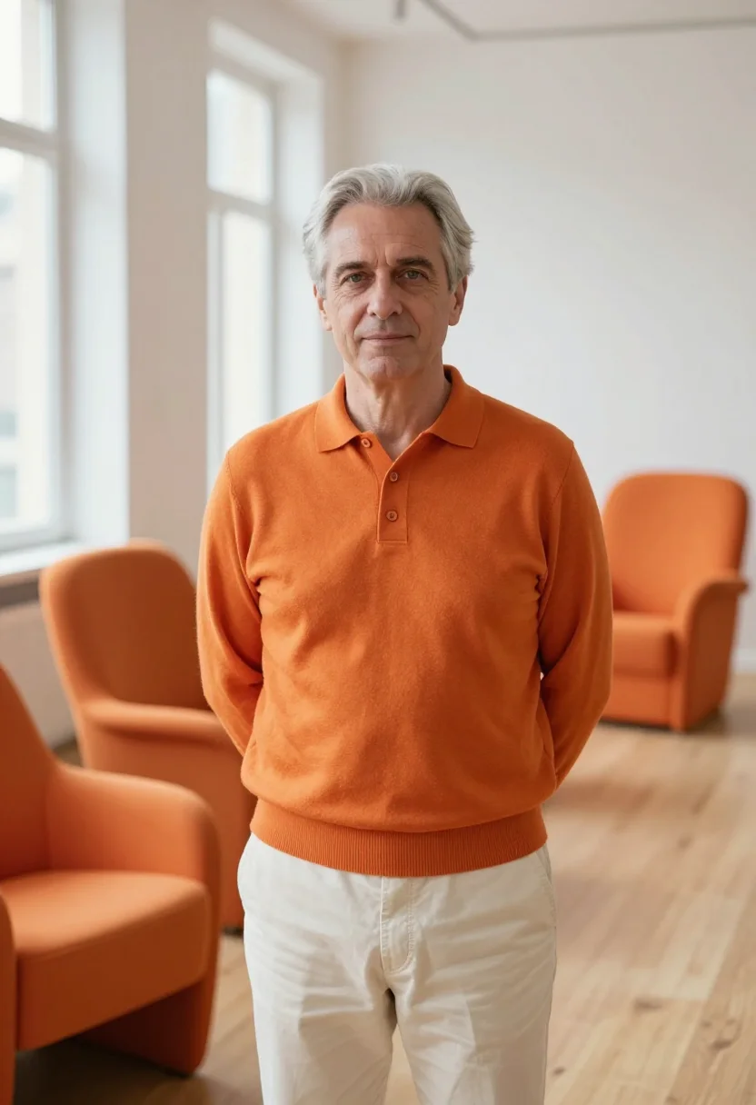 AI pierre paulin paris orange slice april sample — portrait of a man, framed tight, head and shoulders, the bod